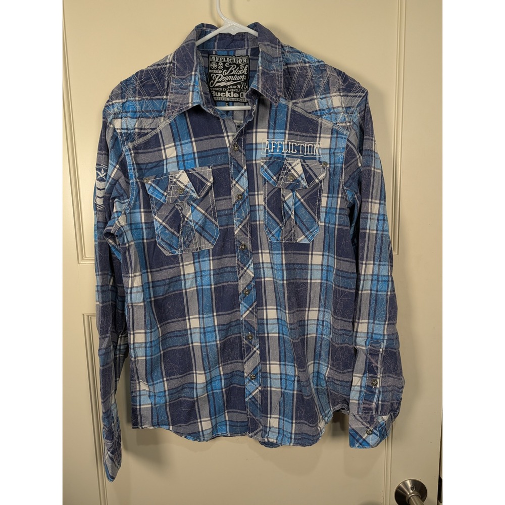 Affliction Black Premium Buckle Exclusive Plaid Button Up Shirt Mens Large Blue